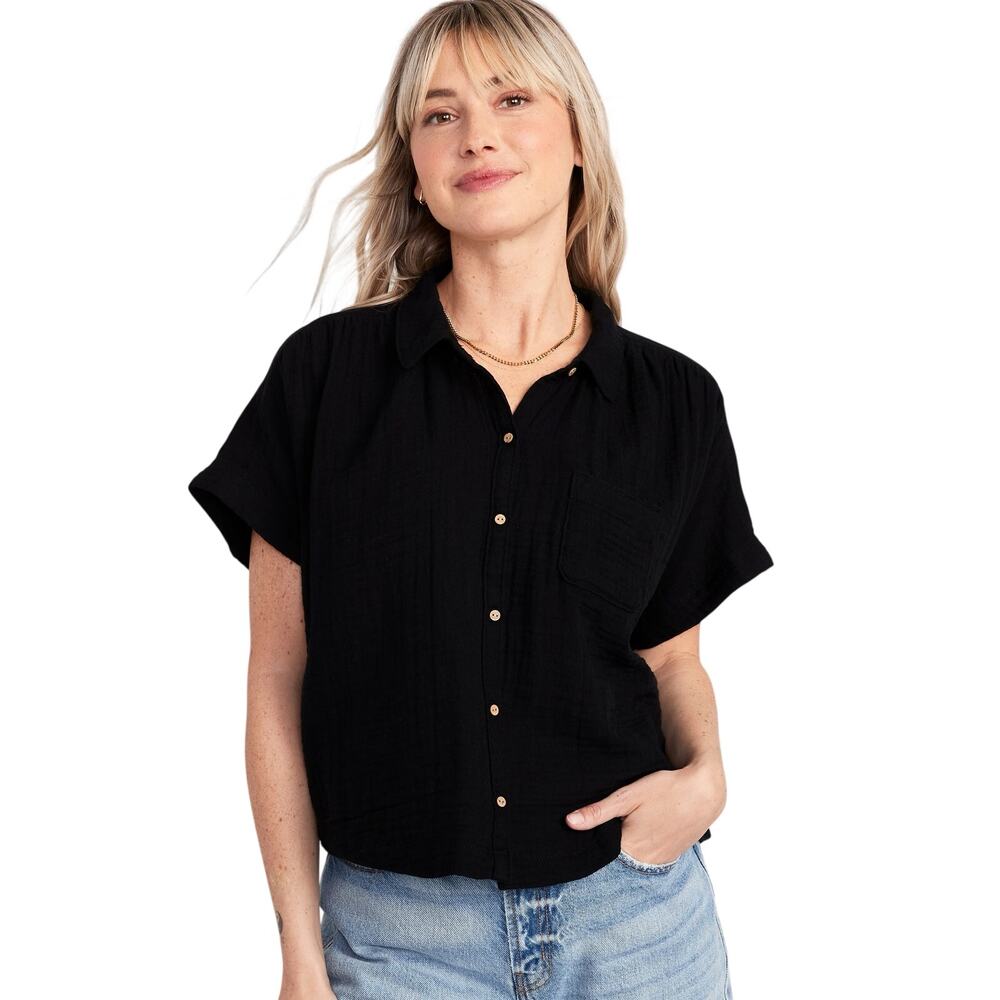 Old Navy XXL Black Cotton Gauze Oversized Dolman Sleeve Button Front Blouse